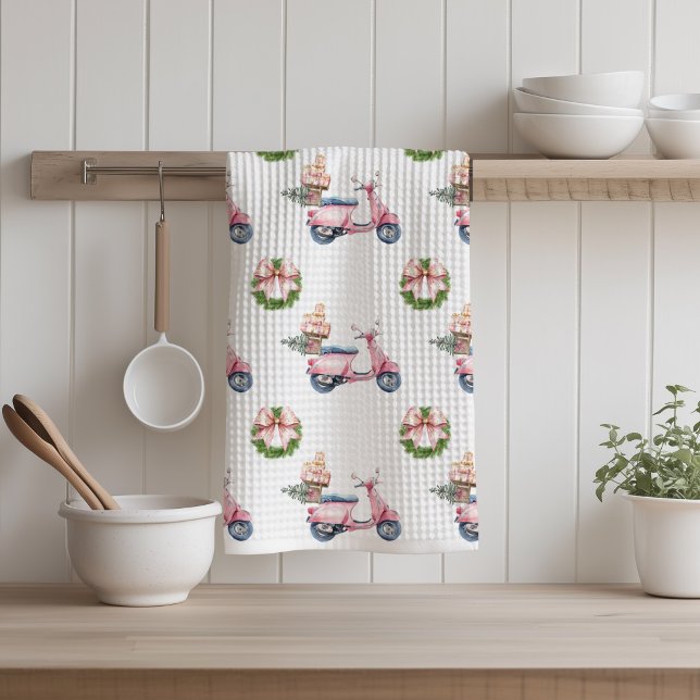 Rosa skoters julhandel  kökshandduk (Pink Scooter Christmas Shopping Trip Kitchen Towel)
