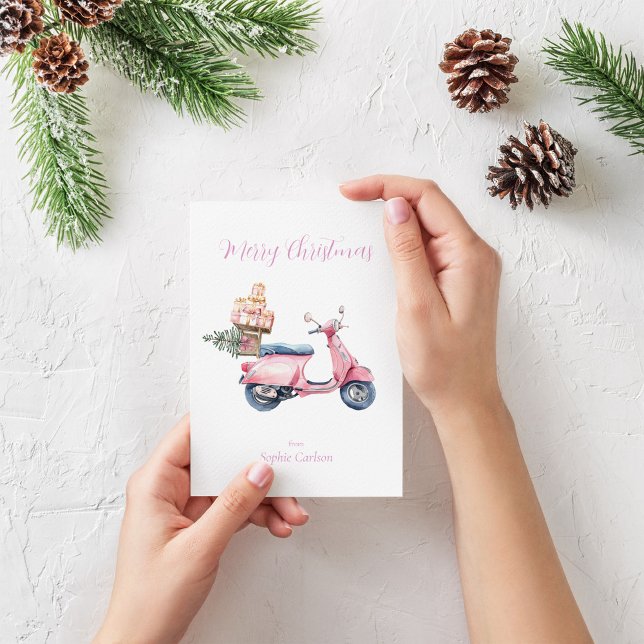 Rosa skoters julhandelstur   julkort (Pink Vespa Christmas shopping trip card)