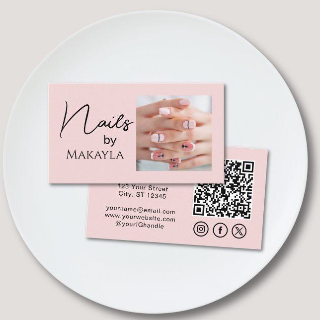 Rosa Skrift QR-kod Foto Nagelsalong Visitkort (Skapare uppladdad)