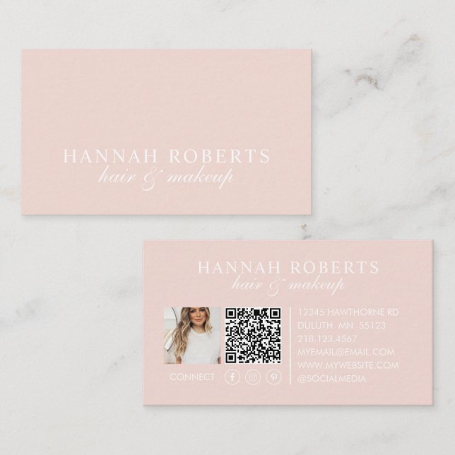 Rosa Skrift Social QR-kod Foto Hår Smink Visitkort (Fram/baksida)