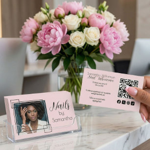 Rosa Skrift Social QR-kod Foto Nageltekniker Visitkort