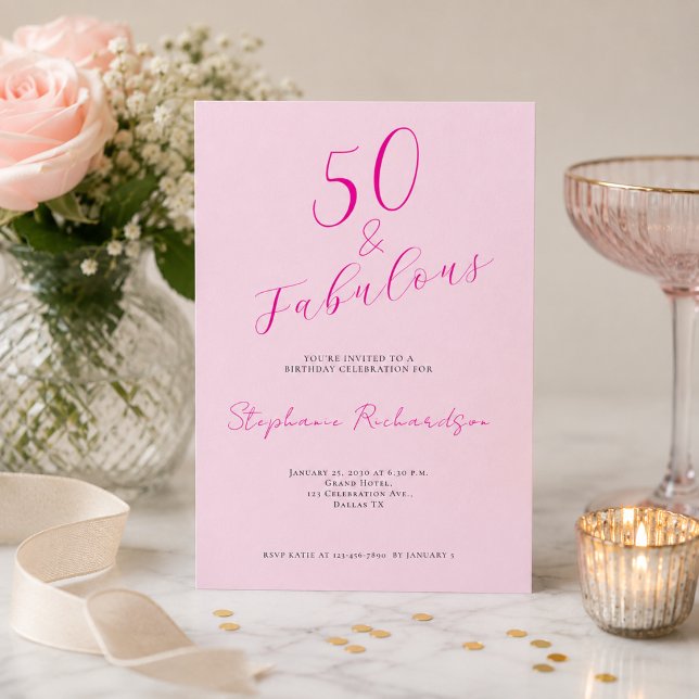 Rosa skript Femtio och fantastisk 50-årsfest Inbjudningar (Add name and event details to customize your party invitation.)