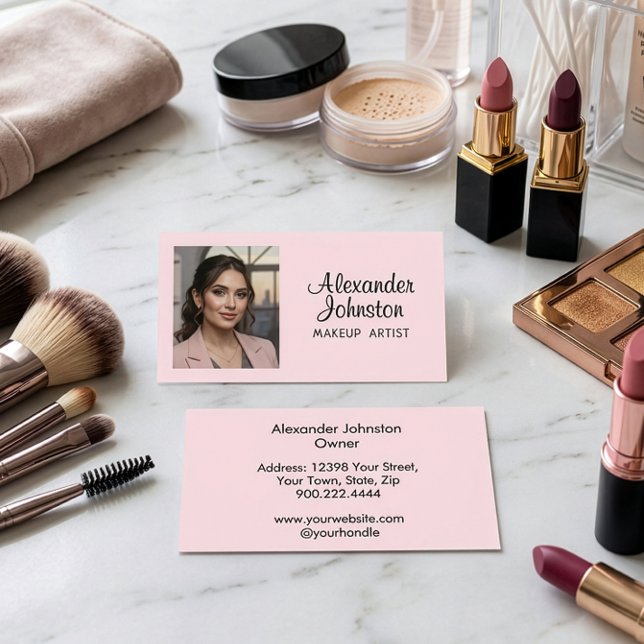 Rosa Skript Foto Makeup Artist Chic Visitkort (Blush Pink Black Script Photo Makeup Bussiness Card)