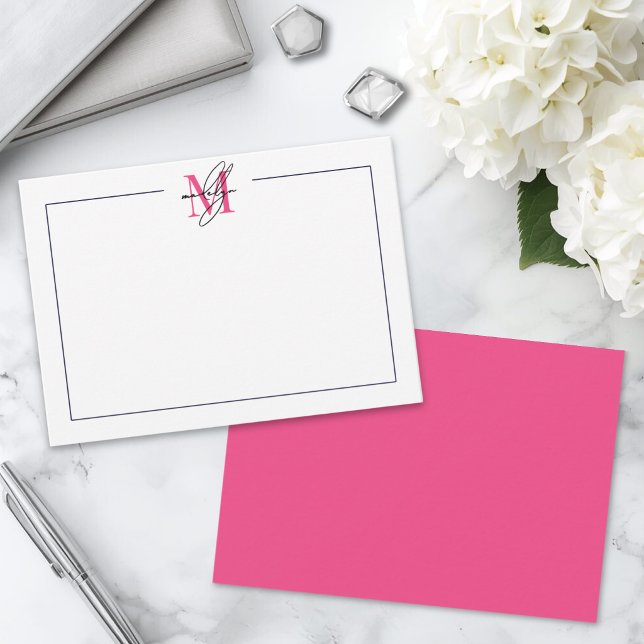 Rosa Skript Namn Monogram Anteckningskort (Pink Script Name Monogram Note Card )