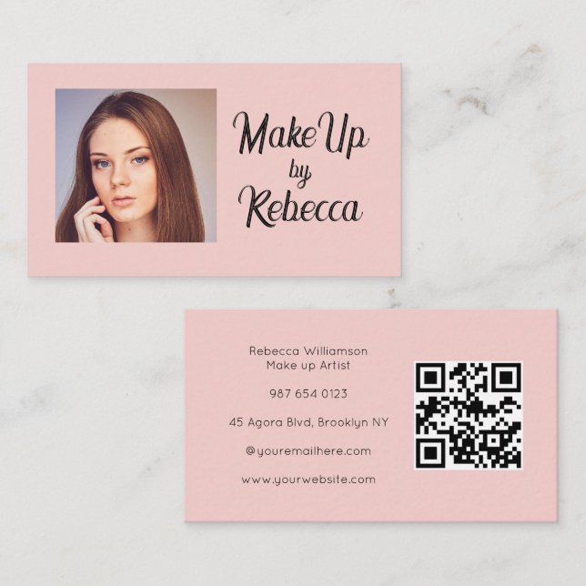 Rosa Skript QR-kod Foto Smink Visitkort (Fram/baksida)