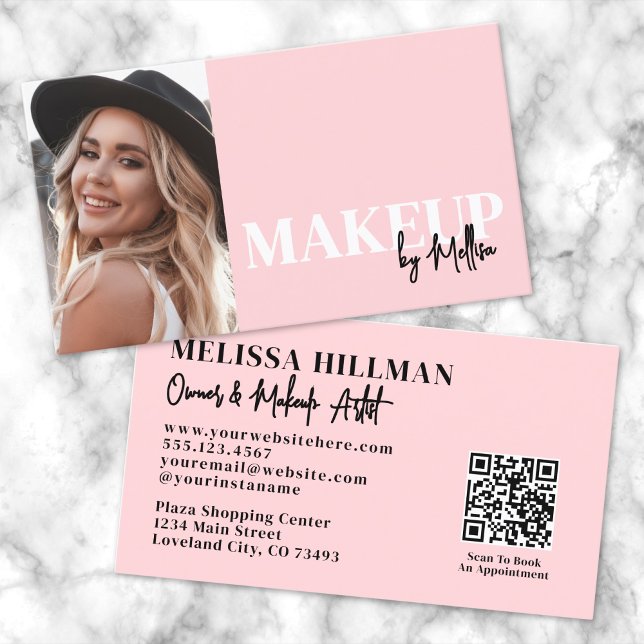 Rosa Skript QR-kod Foto Smink Visitkort (Blush Pink Script Logo Makeup Name Tag)