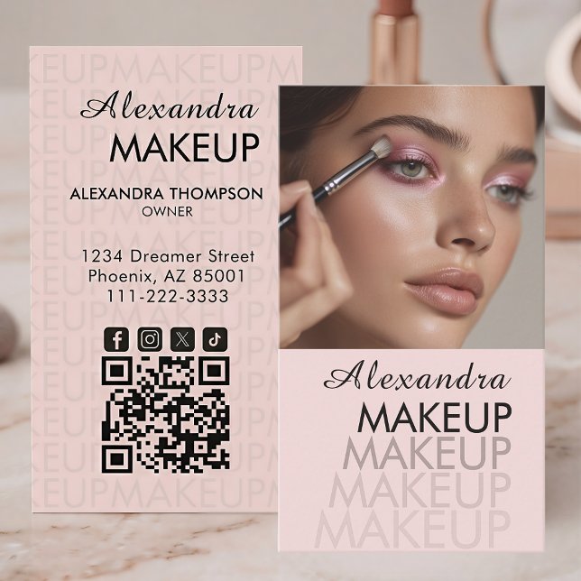 Rosa Skript QR-kod Foto Sminkning Visitkort (Skapare uppladdad)