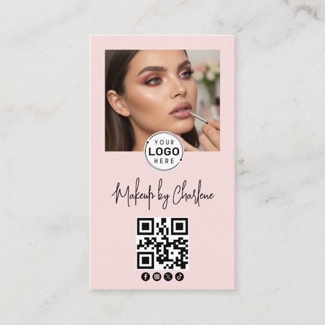 Rosa Skript Social Ikon QR-kod Foto Makeup Visitkort (Framsida)