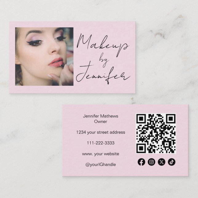  Rosa Skript Social-ikon QR-kodfoto Makeup Visitkort (Fram/baksida)