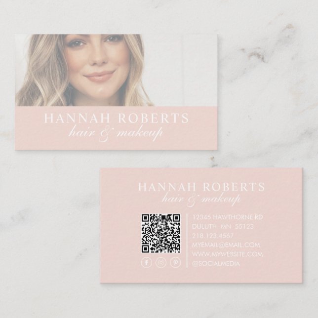 Rosa Skript Social QR-kod Foto Hår Smink Visitkort (Fram/baksida)