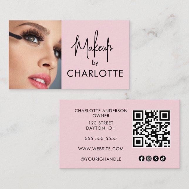 Rosa Skript Sociala Ikon QR Kod Foto Makeup Visitkort (Fram/baksida)