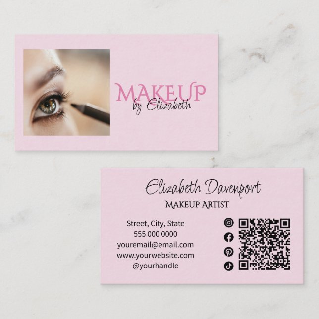 Rosa Skript Sociala Ikon QR-kod Foto Makeup Visitkort (Fram/baksida)
