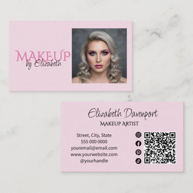 Rosa Skript Sociala Ikon QR-kod Foto Makeup Visitkort (Fram/baksida)