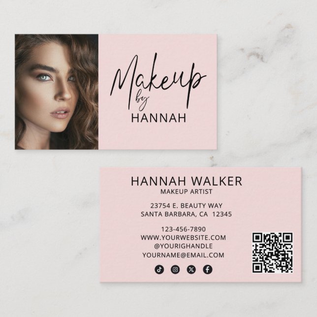 Rosa Skript Sociala Ikon QR-kod Foto Makeup Visitkort (Fram/baksida)