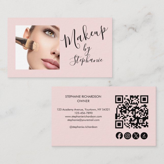 Rosa Skript Sociala Ikon QR-kod Foto Makeup Visitkort (Fram/baksida)