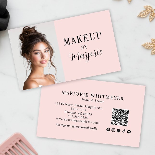 Rosa Skript Sociala Ikon QR-kod Foto Makeup Visitkort (modern black blush pink script photo makeup business card with modern typography qr code and social )