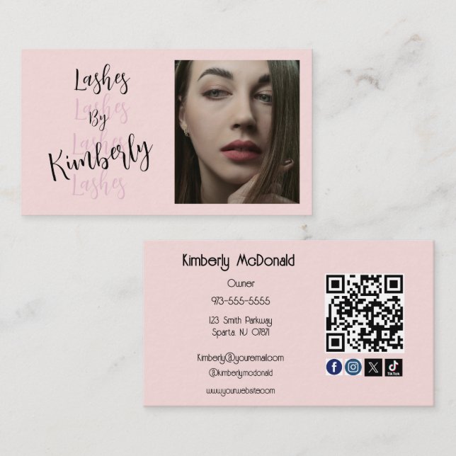 Rosa skript sociala ikon QR-kod foto ögonfransar Visitkort (Fram/baksida)