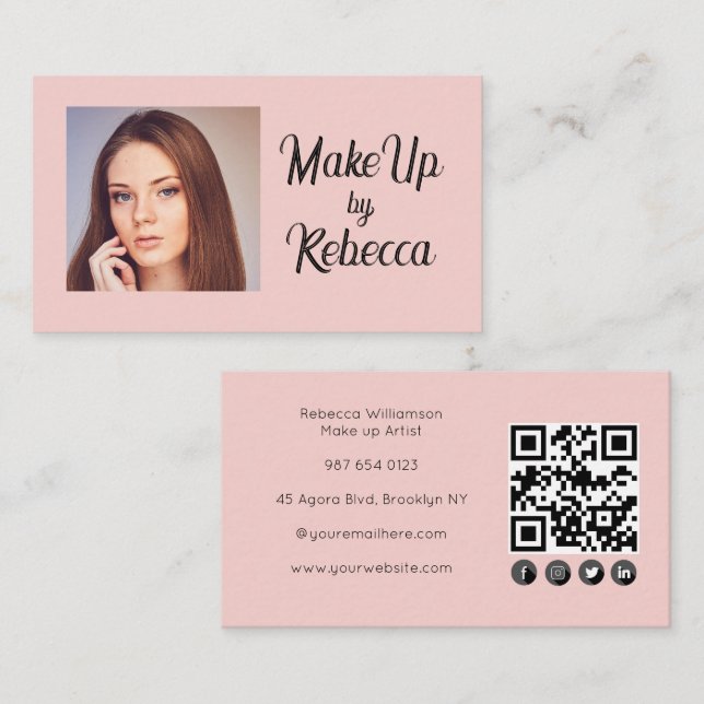 Rosa skript sociala ikon QR-kod foto smink Visitkort (Fram/baksida)