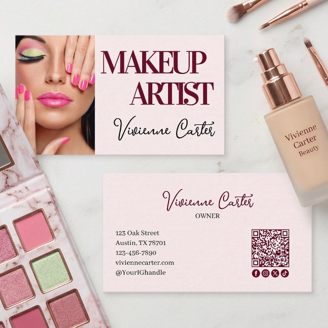 Rosa skript sociala ikon QR-kod foto smink Visitkort (Makeup Artist Blush Pink Business Card with Photo)