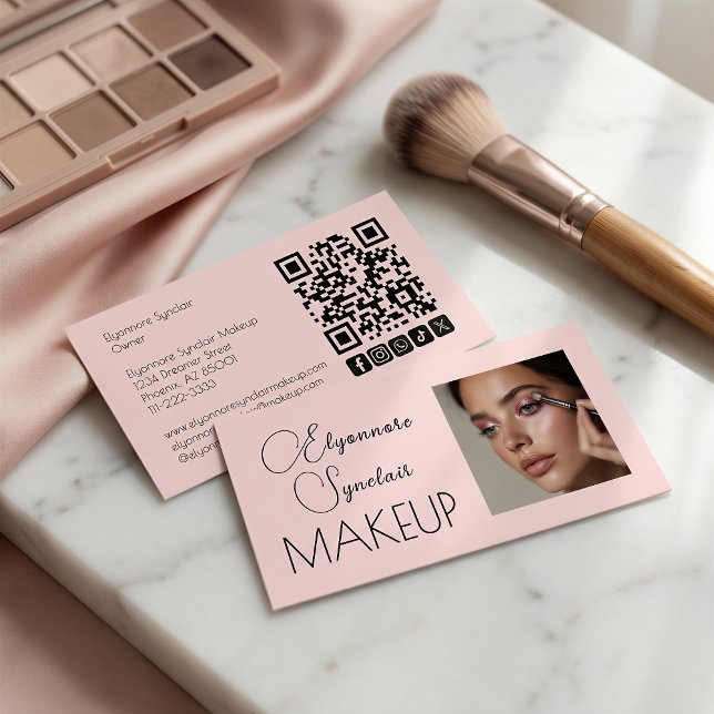 Rosa skript sociala ikon QR-kod foto smink Visitkort (Skapare uppladdad)