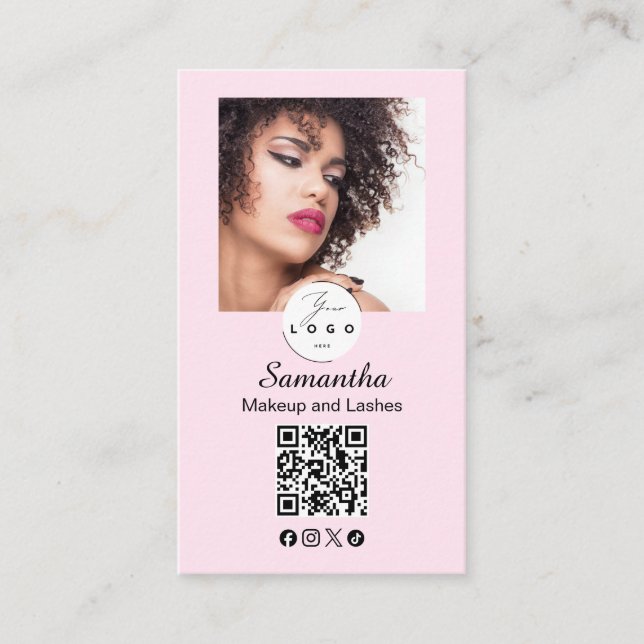 Rosa skript sociala ikon QR-kod foto smink Visitkort (Framsida)