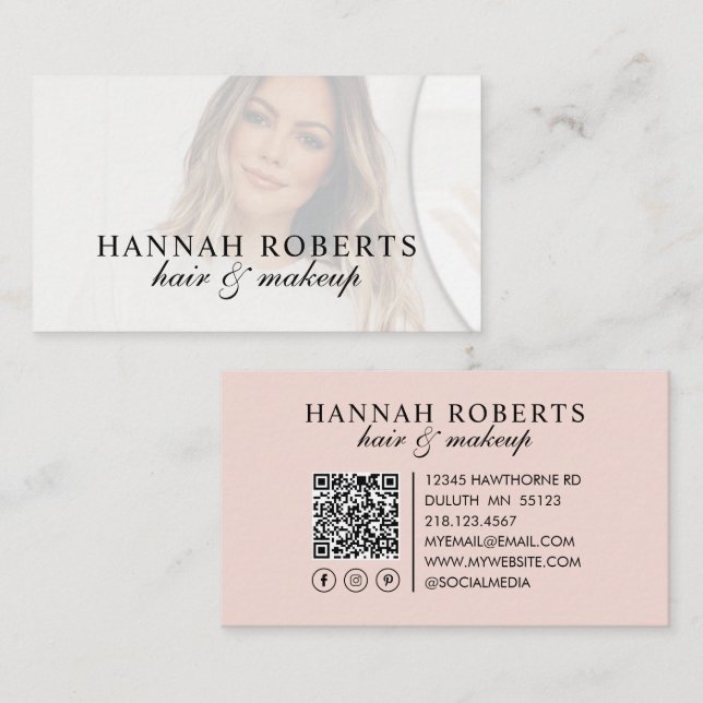 Rosa skript sociala QR-kod foto hår makeup Visitkort (Fram/baksida)