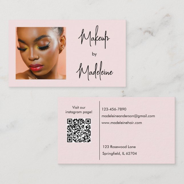Rosa Skript Socialt Ikon QR Kod Foto Makeup Visitkort (Fram/baksida)