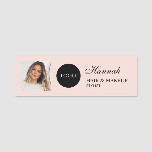 Rosa Skriptlogotyp Foto Hår Makeup Namnbricka (Framsida)