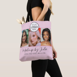 Rosa skriptlogotyp och tre foto-sminkstudio tygkasse