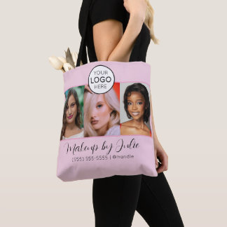 Rosa skriptlogotyp och tre foto-sminkstudio tygkasse