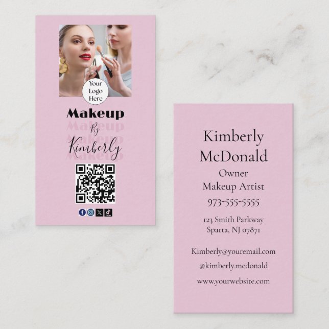 Rosa Skriptlogotyp QR-kod Foto Makeup Visitkort (Fram/baksida)