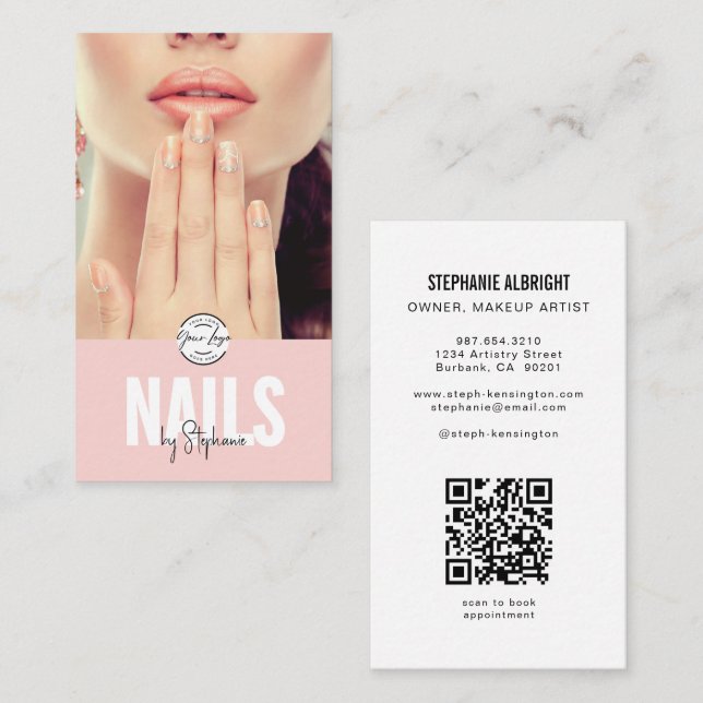 Rosa Skriptlogotyp QR-kod Foto Nagelkonstnär Visitkort (Fram/baksida)