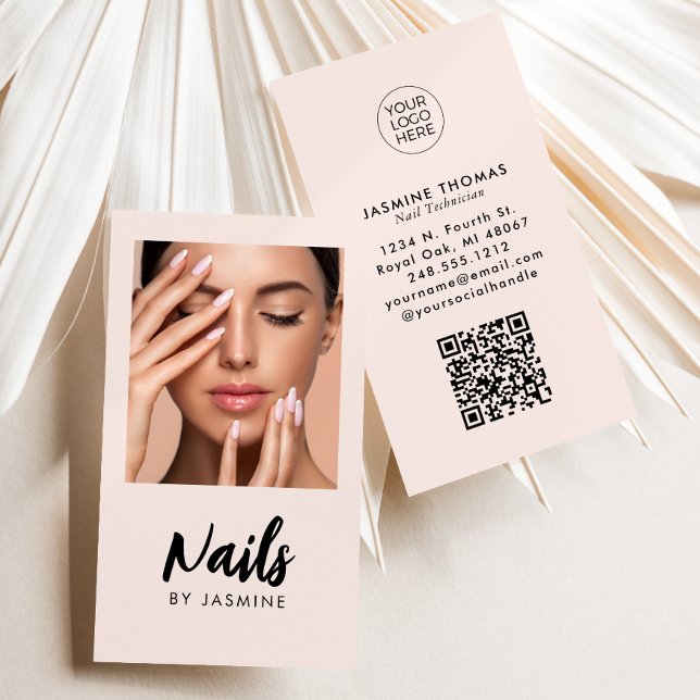 Rosa skriptlogotyp QR-kod Foto Nagelsalong Visitkort (Skapare uppladdad)
