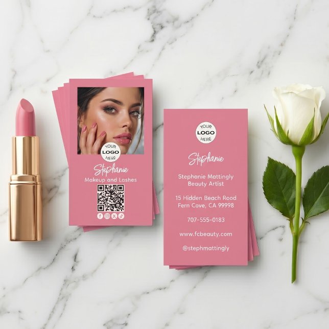 Rosa Skriptlogotyp QR-kod Foto Smink Visitkort (Skapare uppladdad)