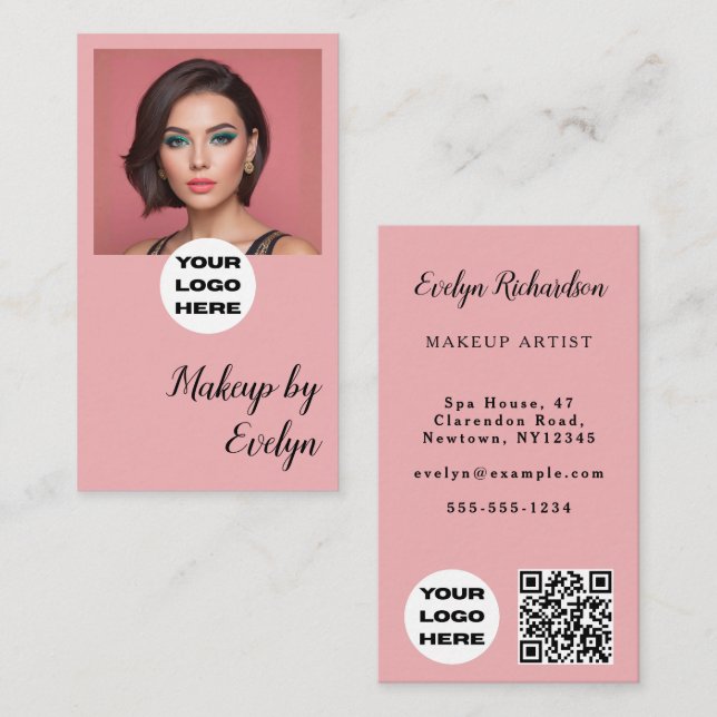Rosa Skriptlogotyp QR-kod Foto Smink Visitkort (Fram/baksida)