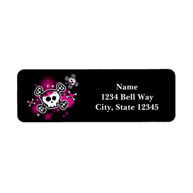 Rosa Skull & Bones Hearts Girl Party Address Label Returadress Etikett (Framsidan)