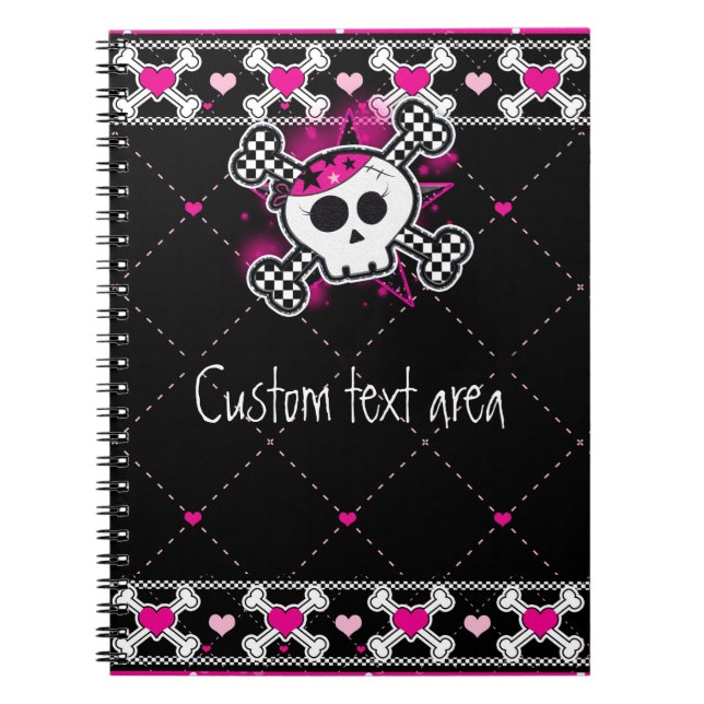 Rosa Skull Crossbone & Hearests Notebook journal Anteckningsbok (Framsidan)
