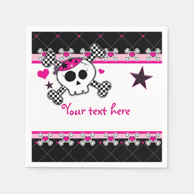 Rosa Skull Crossbone & Hearts Party Napkins Pappersservett (Framsidan)