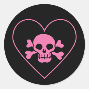 Rosa Skull i hjärtat Runt Klistermärke