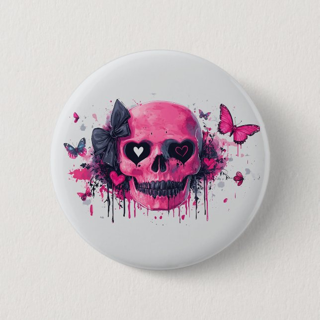 Rosa Skull med fjärilar och öron Knapp (Framsida)