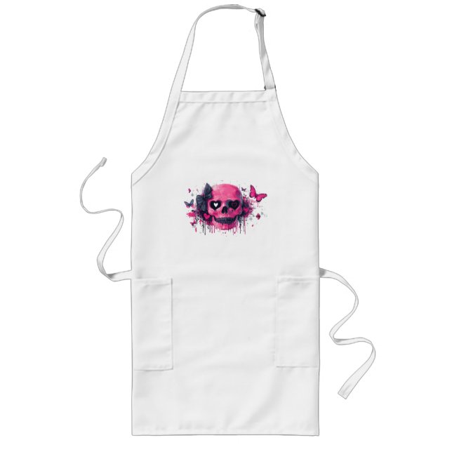 Rosa Skull med fjärilar och öron Långt Förkläde (Framsidan)