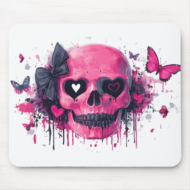 Rosa Skull med fjärilar och öron Musmatta (Framsidan)