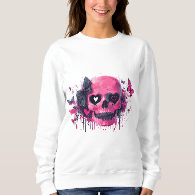 Rosa Skull med fjärilar och öron T Shirt (Framsida)