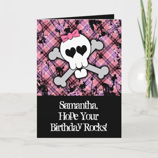 Rosa Skull och Crossbone Girl Birthday Card Kort (Framsida)