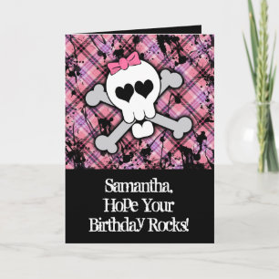 Rosa Skull och Crossbone Girl Birthday Card Kort