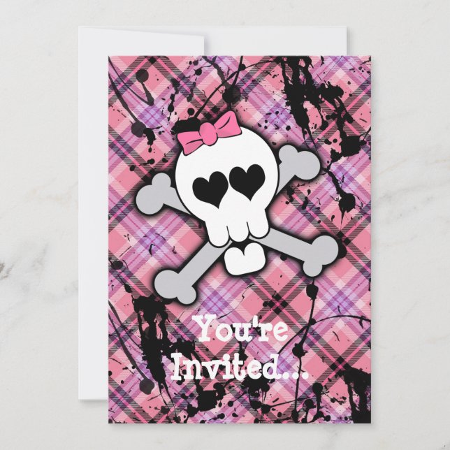 Rosa Skull och Crossbone med hår och bin Inbjudningar (Framsida)