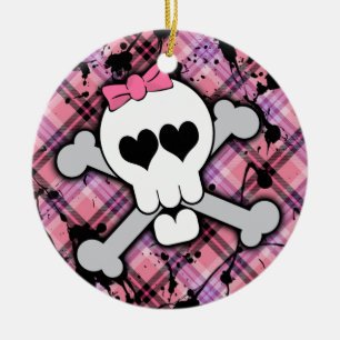 Rosa Skull och Crossbone med hearts och Bow Julgransprydnad Keramik