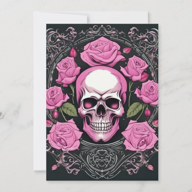 Rosa Skull och Ro Gothic Elegance Bröllop Inbjudningar (Framsida)