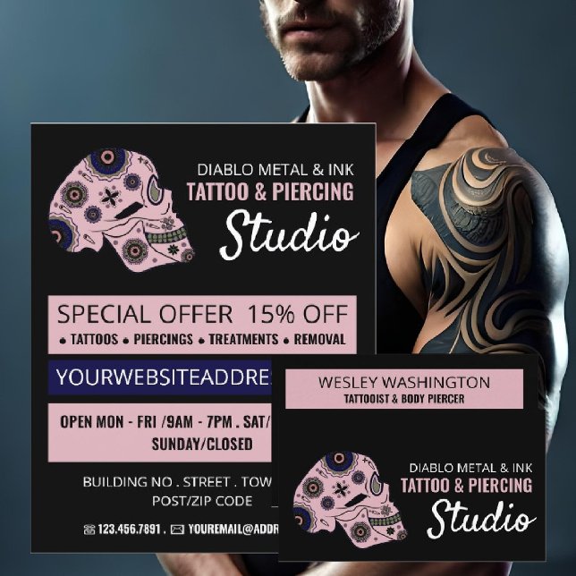 Rosa Skull Tattoo, Tattoo & Body Piercing Studio Flygblad (Skapare uppladdad)