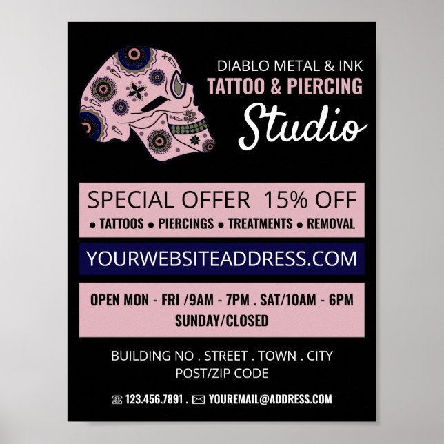 Rosa Skull Tattoo, Tattoo & Body Piercing Studio Poster (Framsidan)
